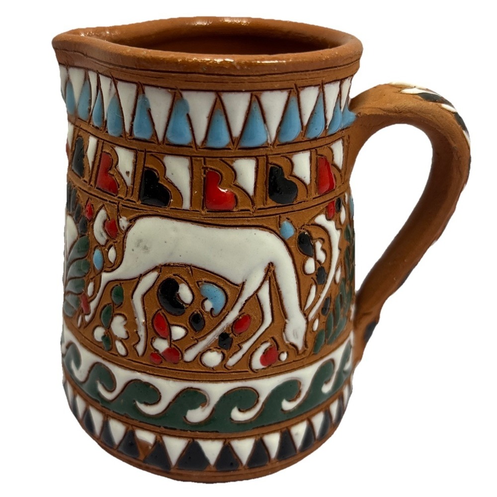 Vtg Grecian Art Pottery Terracotta Creamer Abstract Enameled Glazed Signed